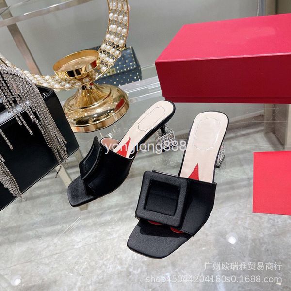 

slippers summer sandals crystal heel a touch of red round head high one-sided square button toe half slipper trend, Black