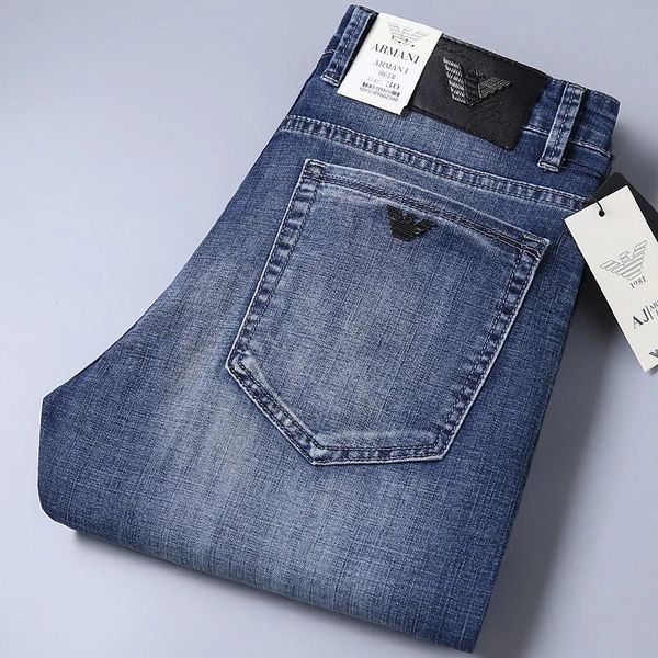 

men's jeans summer thin cotton slim elastic italy eagle brand fashion business pants classic style spring denim trousers, Blue