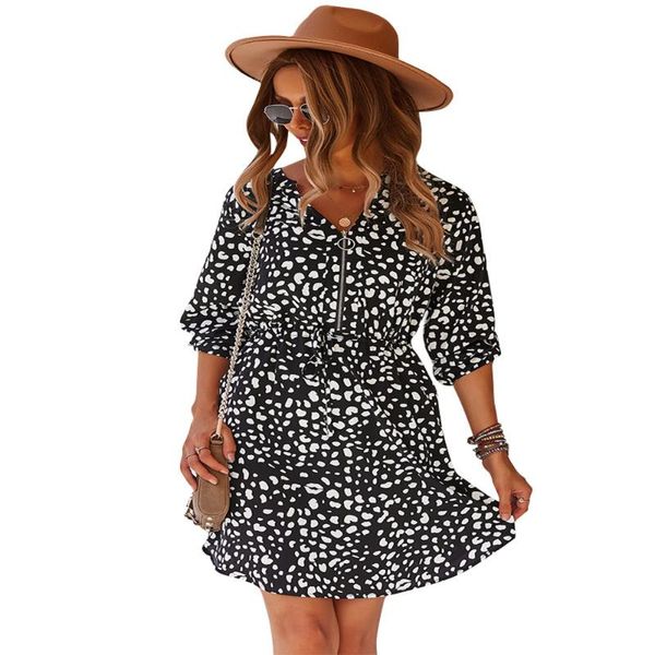 

casual dresses autumn dress women leopard print a-line robe femme drawstring zipper v-neck long sleeve for woman vestido de mjuer, Black;gray