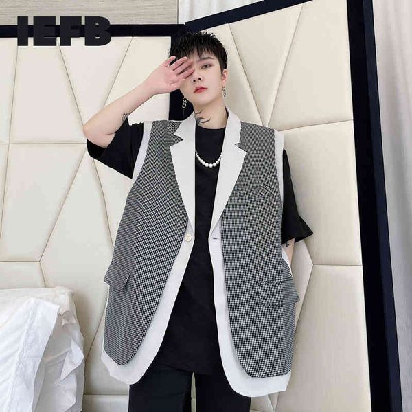 

iefb plaid stitching contrast color patchwork fake two piece design men's mid length vest loose spring summer 6901 210524, Black;white