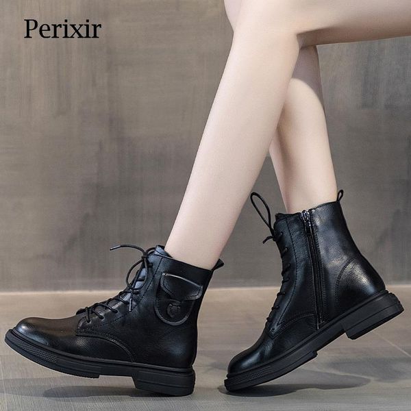

boots perixir ankle women genuine leather autumn short plush round toe lace-up thick bottom black cool girl booties 2021