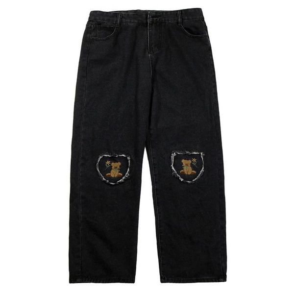 

women's jeans women harajuku streetwear loose wide leg pants vintage cartoon bear embroidery patch straight splicing denim trousers, Blue