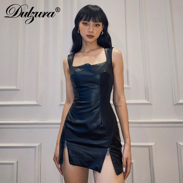

pu fake leather women sleeveless mini dress zipper slit solid bodycon streetwear party club 2021 autumn winter, Black;white