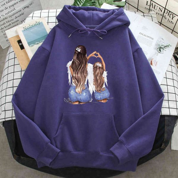 

men's mom with baby girl printed hooded sweatshirt, wool loose long sve street cloth, hip hop punk cartoon sweatshirt, street animation, Black