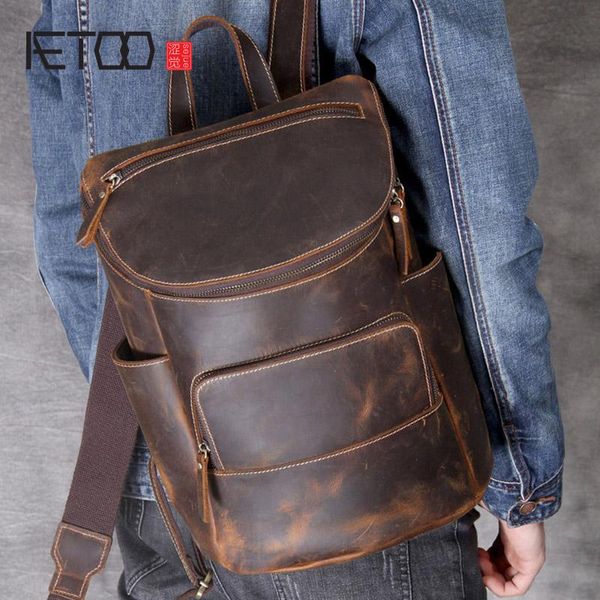 

retro crazy horse leather backpack, men's handmade layer cowhide all-match backpack