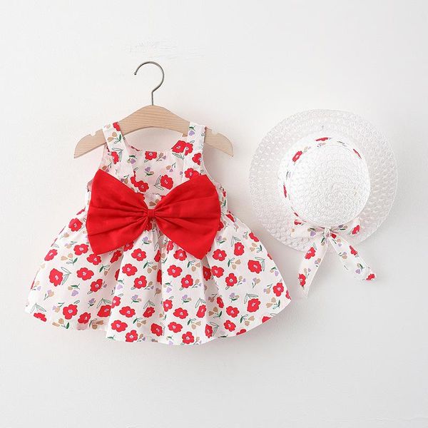 

melario baby girls clothes 2021 summer kids princess dress with hat sweet flower print bow toddler outfits infant clothing girl's dress, Red;yellow