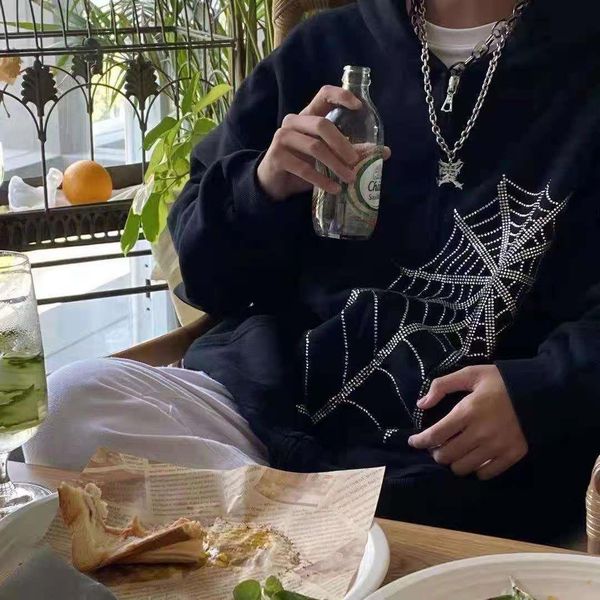 

trend loose new rhinestone spider hoodie web couple zipper sweatshirt women fashion jacket hooded sweater cardigan ins, Black