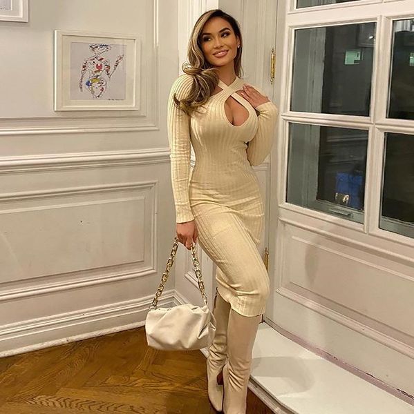 

casual dresses knitted dress women maxi solid sheath long sleeve cut out robe autumn 2021 fashion evening streetwear baddie clothes, Black;gray