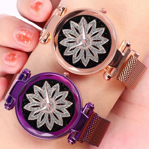 

wristwatches women watches fashion flower wrist watch ladies casual rose gold steel quartz relogio feminino magnet clock saat, Slivery;brown