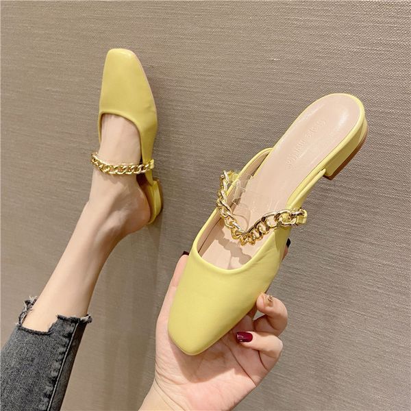 

slippers spring and summer square flat bottomed baotou back empty half slippers women's shoes metal chain heel sandals zl6j, Black