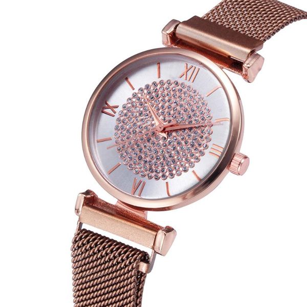 

rose gold women watch 2021 roman diamond magnetic starry sky lady wrist mesh female clock for a3812 wristwatches, Slivery;brown