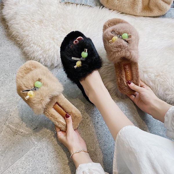 

home slippers women's winter footwear slides med fur shoes pantofle fashion platform massage soft plush flat 2021 luxury rubber, Black