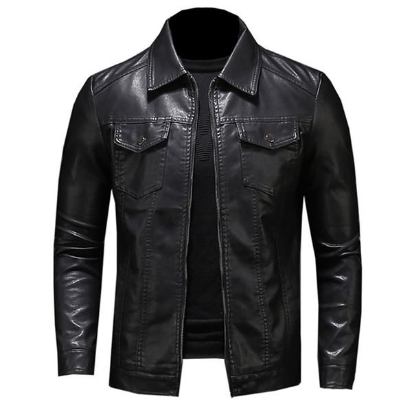 

men's motorcycle leather jacket large size pocket black zipper lapel slim fit male spring and autumn pu coat m-5xl 211110