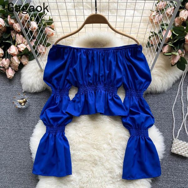 

women's blouses & shirts gagaok drop women blouse 2021 spring autumn slash neck puff sleeve solid navel fashion korean, White