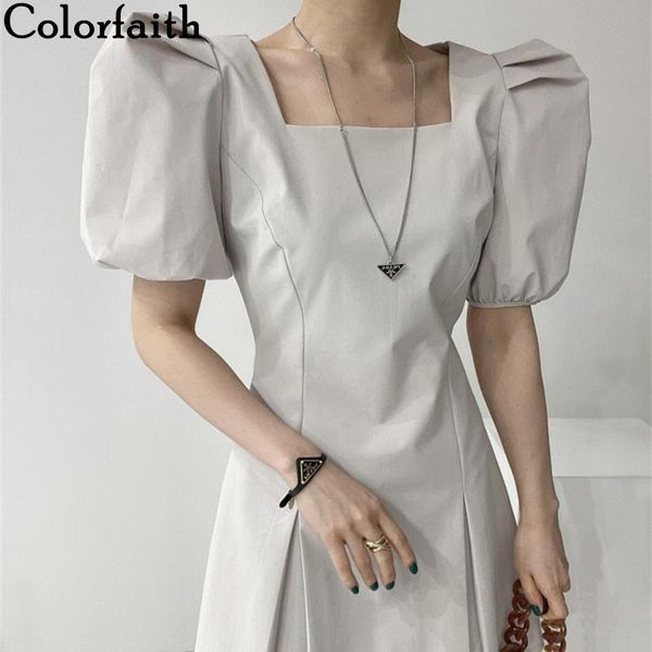 

casual dresses colorfaith 2021 women summer mini puff sleeve fashionable chic square collar elegant high waist vintage dress dr2171, Black;gray