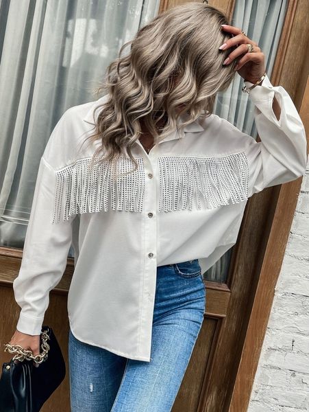 

drop shoulder rhinestone fringe trim blouse u9wa#, White