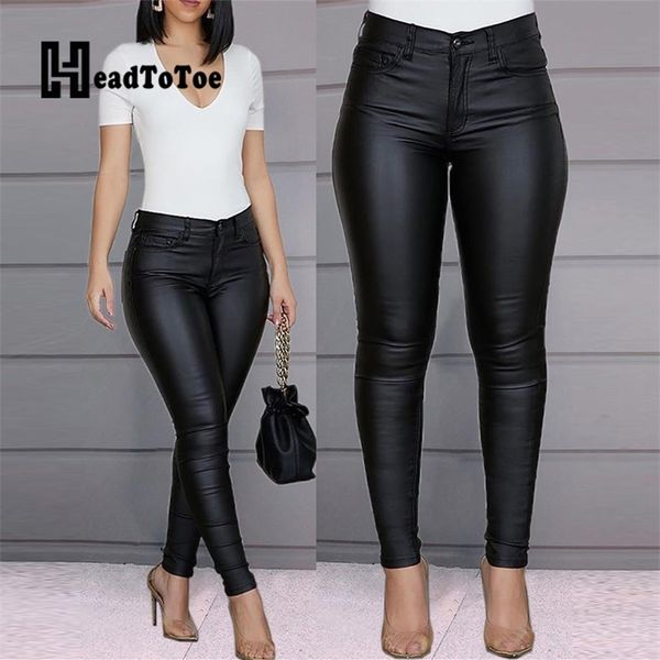 

solid buttoned casual coated pu pants women skinny pencil 210925, Black