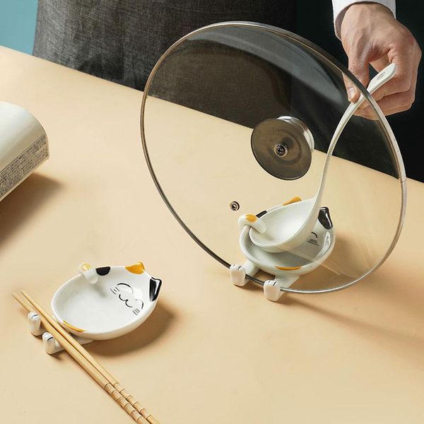 

kitchen storage & organization 1 pc cartoon cat ceramic pot lid holder pan cover stand spatula spoon chopsticks rack shelf utensil rest