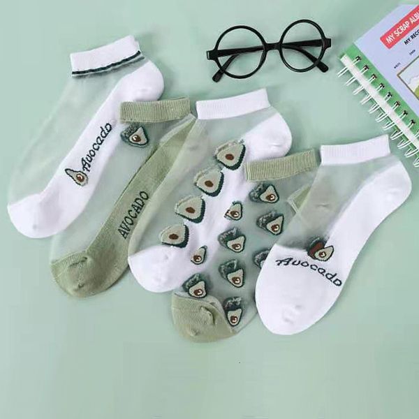 

2021 summer boat cartoon avocado thin cotton bottom glass socks blue cat no hook ice silk stockings, Black;white