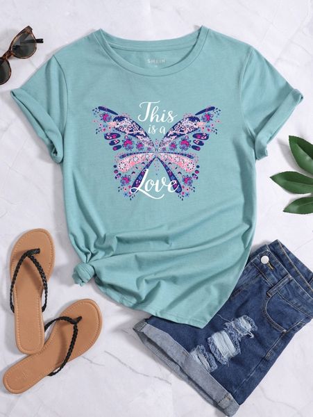 

butterfly & slogan graphic tee q607#, White