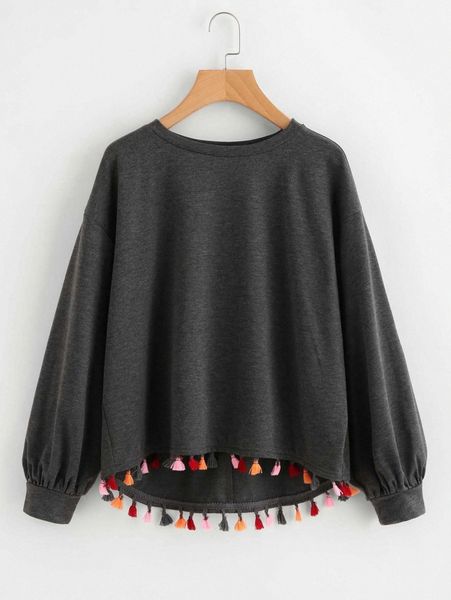 

colorful tassel trim dip hem heathered pullover u9cm#, White;black
