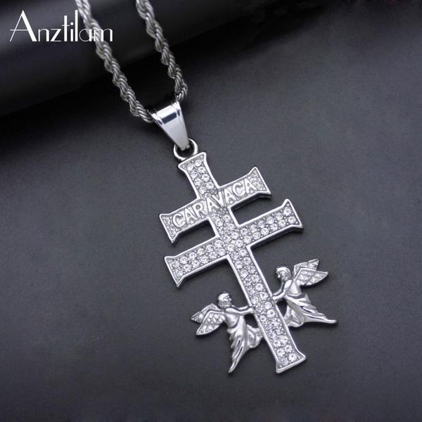 

Pendant Necklaces High Quality Hip Hop Rhinestones Paved Iced Out Stainless Steel Caravaca Angel Cross Pendants For Men Rapper Jewelry, Silver