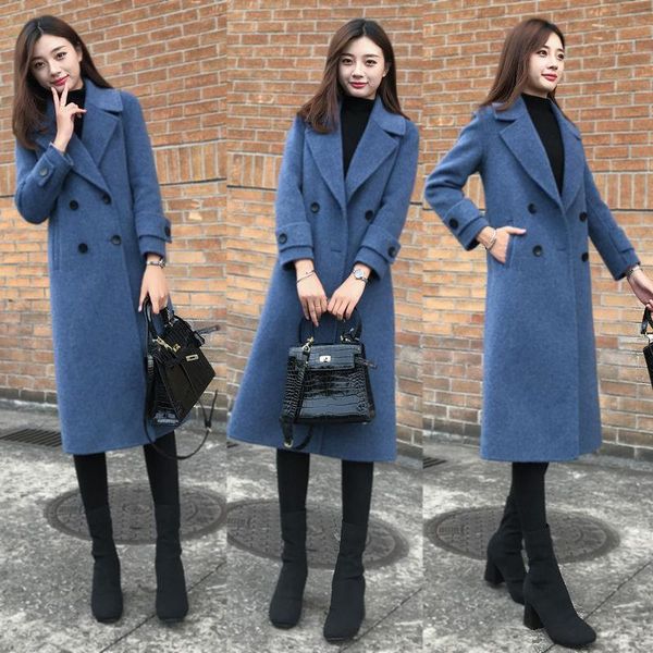 

women's wool & blends women 2021 spring sutumn fashion double breasted jackets female solid color woolen coats ladies loose long sleeve, Black