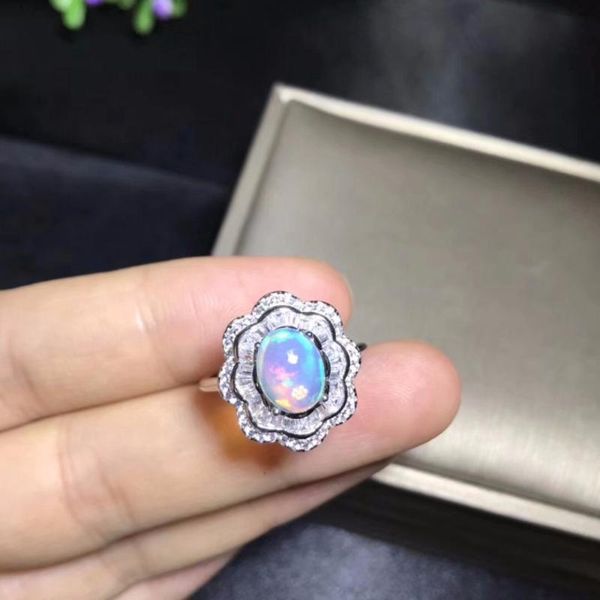 

cluster rings natural opal woman change fire color mysterious 925 silver adjustable size, Golden;silver