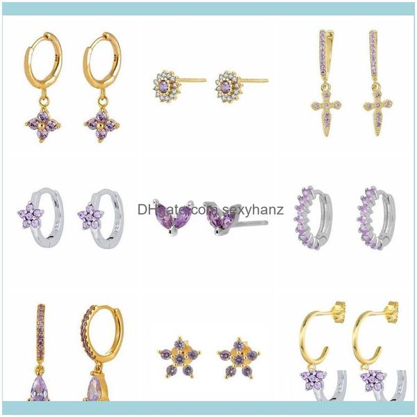 

charm jewelrygs 925 sterling sier elegant purple cubic zirconia series stud earrings crystal flower ear jewelry for women girls drop deliver, Golden