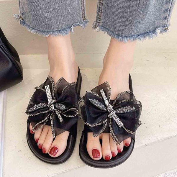 

slippers sandals and female bowknot big rhinestone set toe breathable outer wear fashionable ladies dot korean version, Black