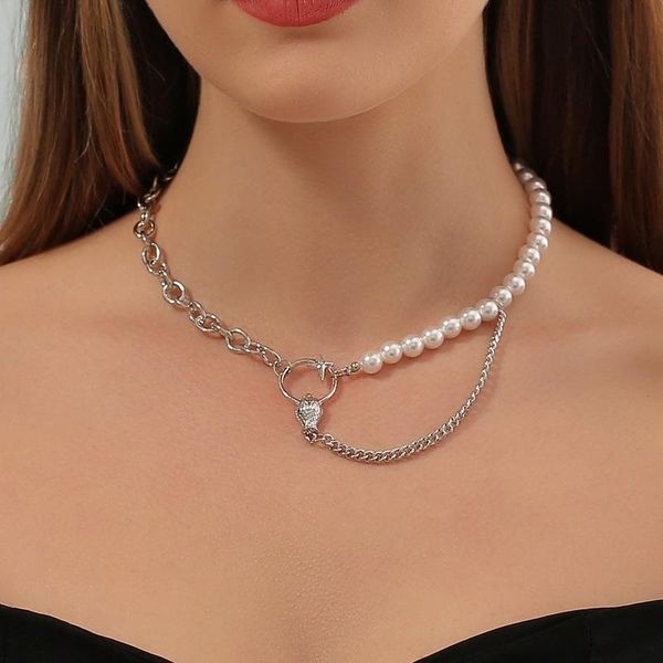 

pendant necklaces origin summer unique design asymmetric pearl snake chokers necklace for women unusual hollow circle chain jewelry, Silver