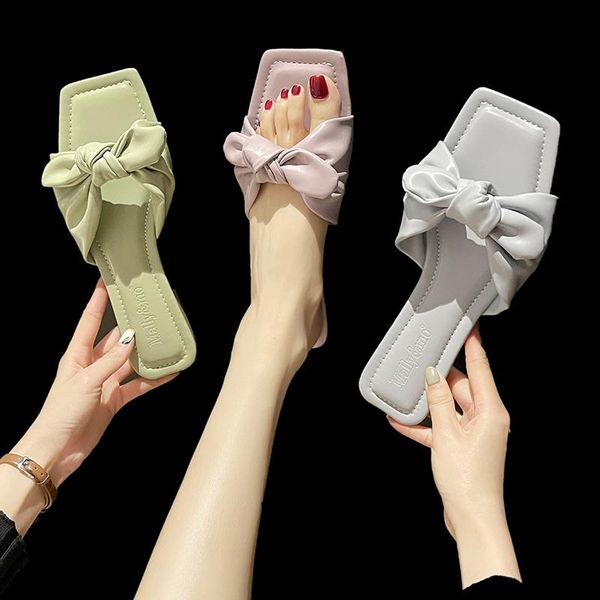 

slippers fairy style seaside vacation beach slides female summer outdoor small fresh bowknot flat sandals elegant ladies dress, Black