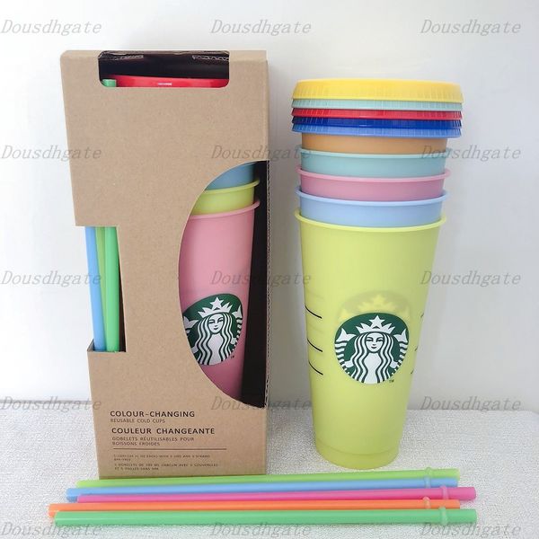 

50pcs Mug DHL 24 oz color changing glass plastic drink juice cup with lips and straw magic coffee cup custom Starbucks plastic cup, Multi-color