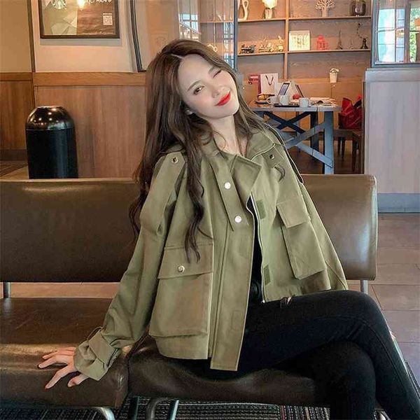 

arrival spring autumn women loose short jackets retro fashion double pocket tooling coat stand collar casual coats d358 210512, Black