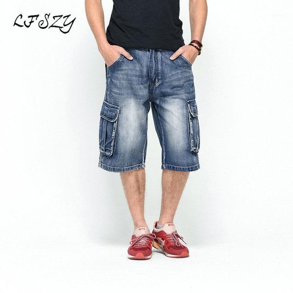 

jeans men 2021 summer modis multi-pocket men's blue denim shorts streetwear loose large size straight 30-46, White;black