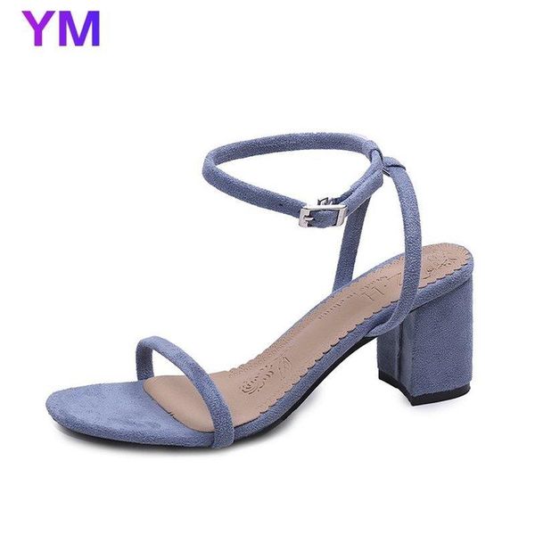 

cool summer salu shoes woman open toe sandals handmade ankle strap elegant square high heel solid flock autumn women, Black