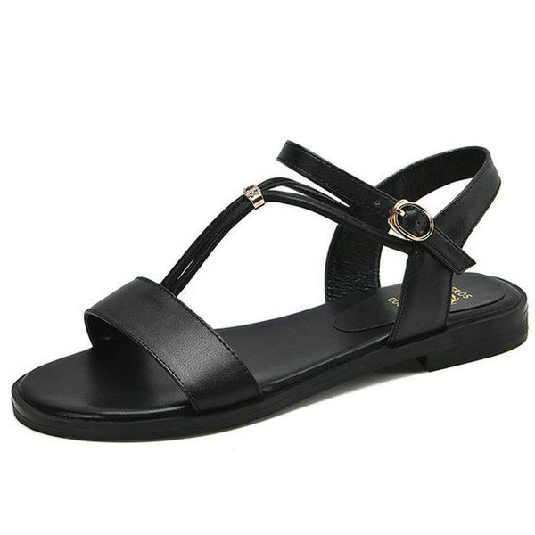 

large size 34-43 summer women sandals genuine leather flat heel gladiator casual t-strap shoe woman, Black