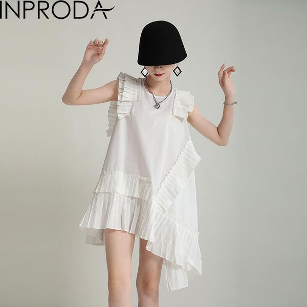 

casual dresses inproda women dress puff sleeve sleeveless shirt asymmetry black white loose summer 2021, Black;gray