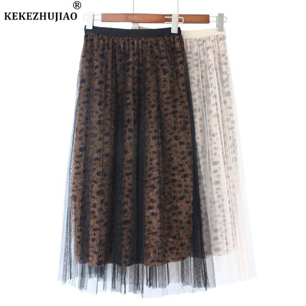 

skirts fashion leopard print patchwork mesh skirt high waist mid-calf elastic party fall dress  ladies fancy women a-line, Black