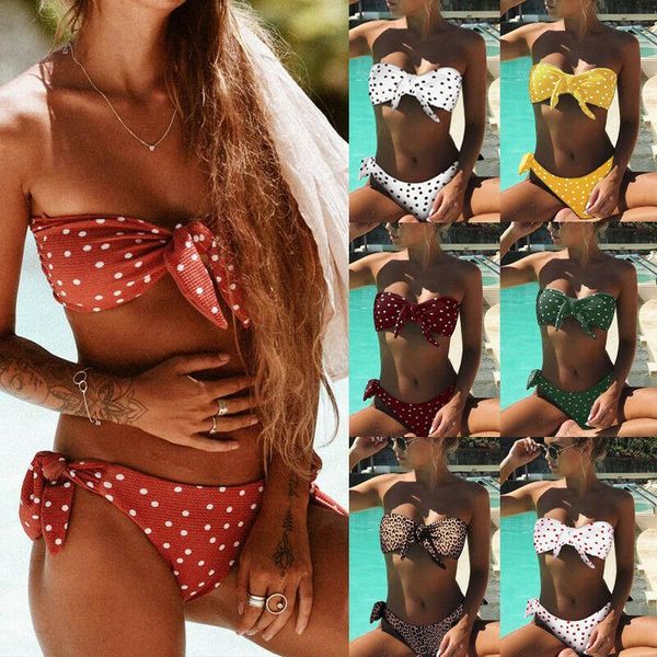 

women push-up padded bra bandage dot bikini two piece swimsuit ladies strapless beachwear swimwear bathing suit 2021 one-piece suits