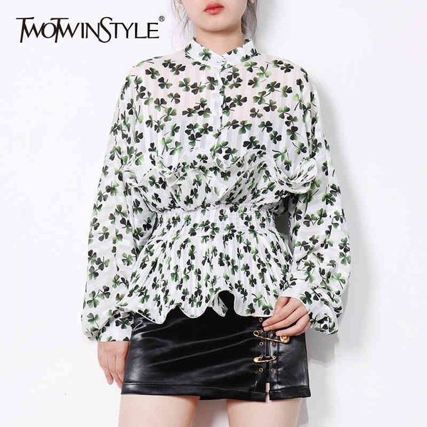 

tunic print shirt for women stand collar long sleeve casual korean loose blouse female fashion clothing 210524, White