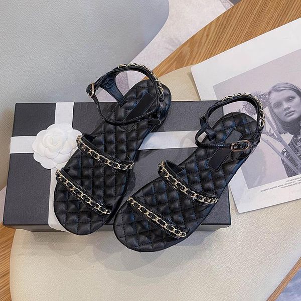 

sandals summer shoes woman leather ankle-warp metal chain decor open-toes flats handmade, Black