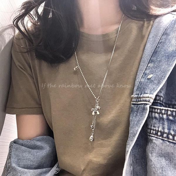 

Kpop Fashion Flowers Stainless Steel Long Necklace Women Korean Cute Statement Pendants Chain Hip Hop Jewelry 2021 Gift Pendant Necklaces, Silver