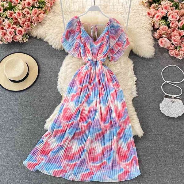 

women's summer dress bohemian tie-dye print long v-neck short sleeve elastic waist holidays beach pleated maxi 210603, Black;gray