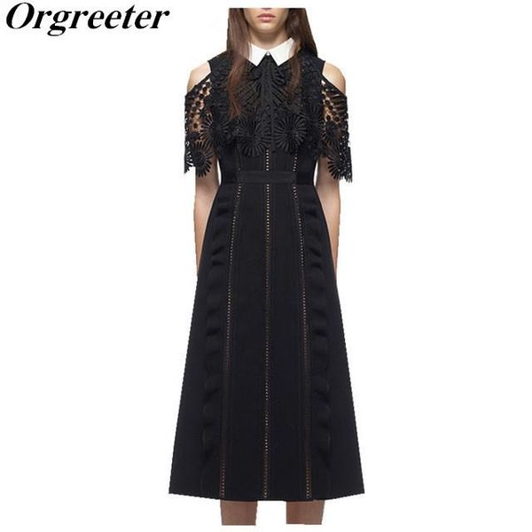 

casual dresses orgreeter summer dress 2021 runway women vintage off shoulder hollow out lace cloak sleeve patchwork party, Black;gray