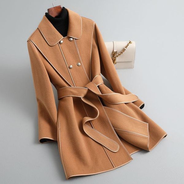 

women's wool & blends autumn winter 2021 water ripple double-sided cashmere coat medium and long suit collar tweed woolen femal's, Black