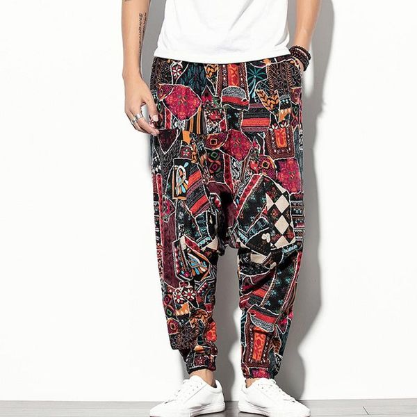

men's pants casual men summer ethnic style loose cotton linen printing patchwork long haren hip hop harajuku highstreet g3, Black