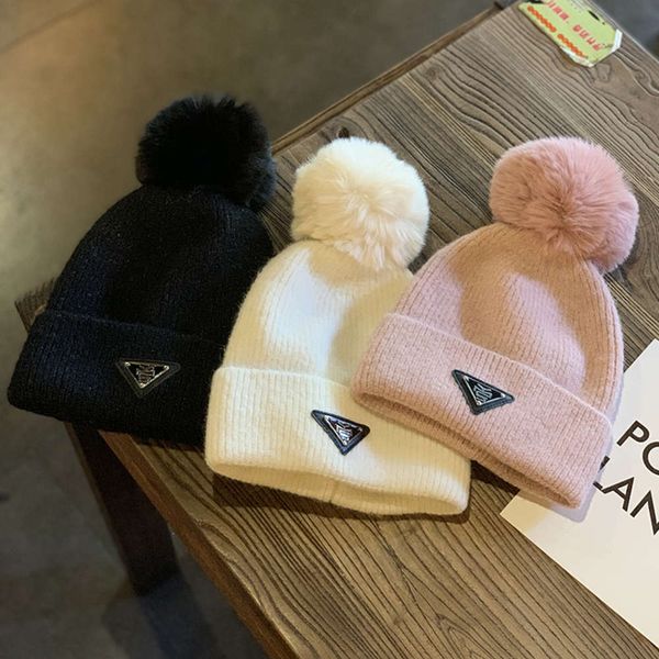 

hat japan and sweet warm thickened wool women's autumn winter tide br triangular label wool ball knitted cold, Blue;gray