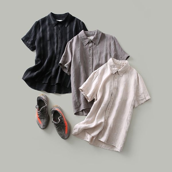 

2021 summer new striped lapel casual breathable 100% linen short sleeve shirt men's fashion, White;black