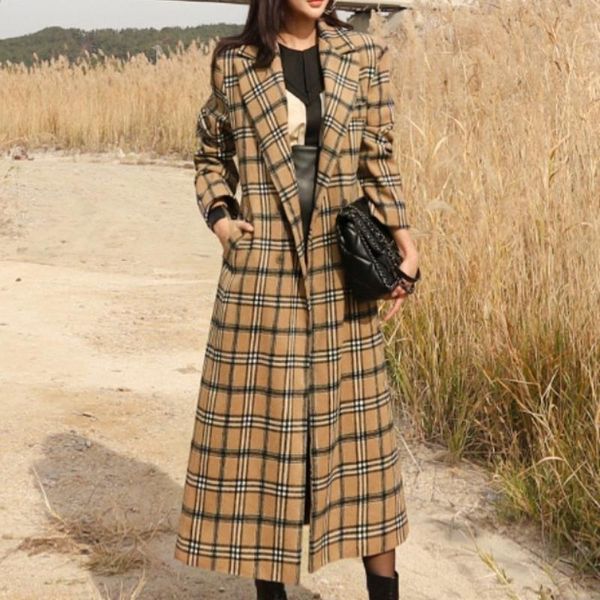 

women's wool & blends women winter hepburn plaid woolen coat fashion long sleeve oversized jacket femme single breasted outerwear elega, Black
